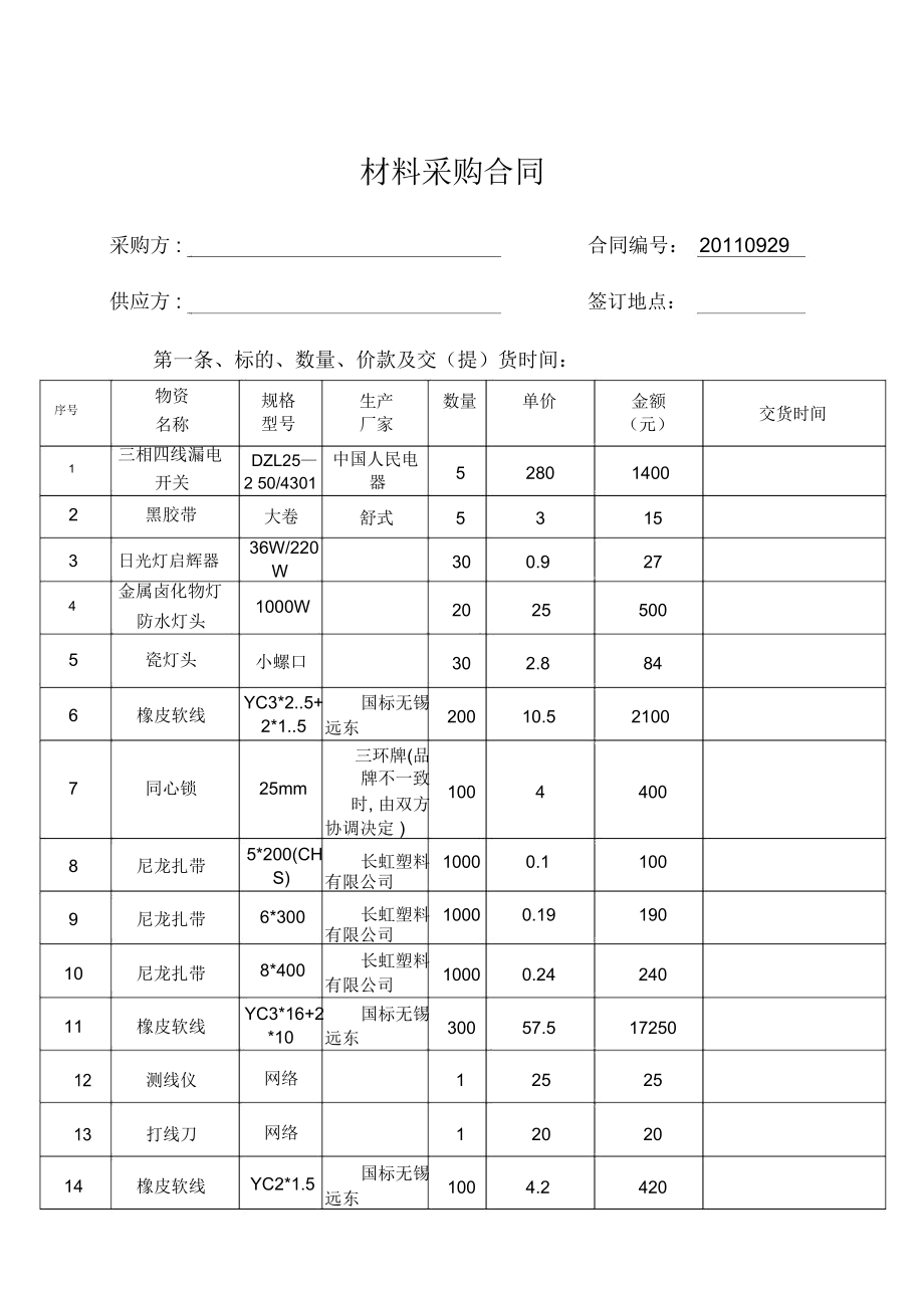 五金電料及日用雜品采購(gòu)合同范本